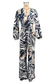 Long Sleeve V Neck Tie Up Print Jumpsuit XHXF-8703