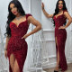 Velour Sequin Halter Split Maxi Dress NY-K3252