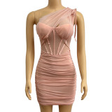 Slant Shoulder Hollow Out Pleated Mini Dress GADE-5587