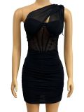 Slant Shoulder Hollow Out Pleated Mini Dress GADE-5587