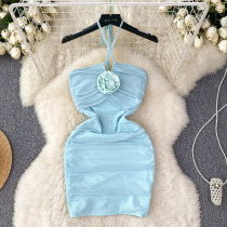Sexy Hang Neck Pleated Backless Mini Dress GADE-8210
