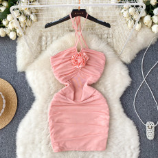 Sexy Hang Neck Pleated Backless Mini Dress GADE-8210