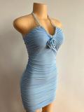 Sexy Hang Neck Pleated Backless Mini Dress GADE-8210