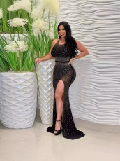 Hot Drill Zipper Split Maxi Dress GADE-8440