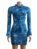 Vintage Denim Printed Frayed Two Piece Skirt Set GADE-5100