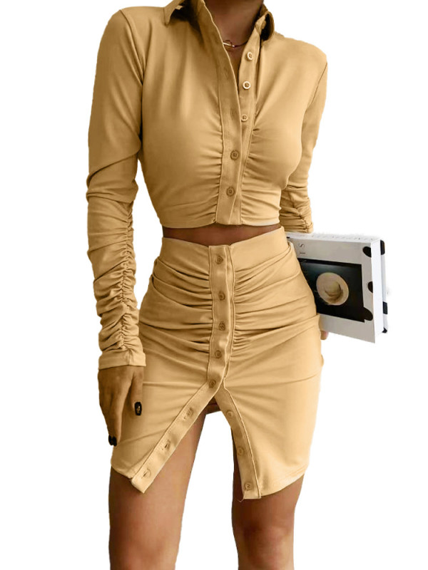 Fashion Lapel Solid Color Pleated 2 Piece Skirt Set GADE-2713