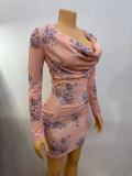 Long Sleeve Print Pleated Mini Dress GADE-5911