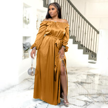 Plus Size One Shoulder Tie Lantern Sleeve Maxi Dress NNWF-N8030
