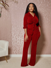 Velour Lapel Long Sleeve Button Shirt Micro Flare Pant Set MIL-T8672