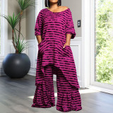 Plus Size Stripe Irregular Tops And Wide Leg Pants 2 Piece Set NNWF-8046