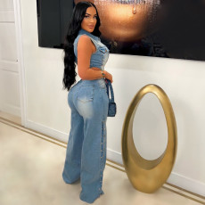 Sleeveless Hollow Out Denim Loose Jumpsuit LX-6986