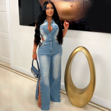 Sleeveless Hollow Out Denim Loose Jumpsuit LX-6986