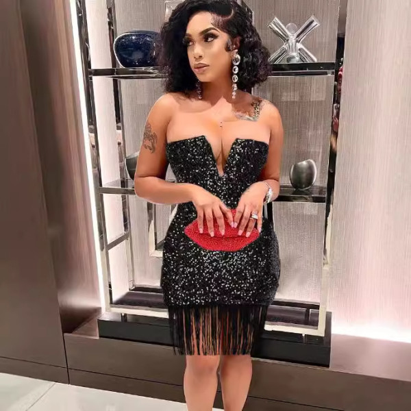V-neck Bustierless Tassel Sequin Mini Dress NY-K3220