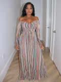 One-Shoulder Long Sleeve Striped Print Maxi Dress SFY-TW536
