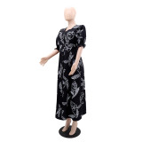 V Neck Print Bubble Sleeve Cardigan Dress GYLY-10512