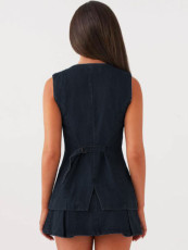 Fashion Denim Sleeveless Cardigan Two Piece Skirts Set GYAN-709