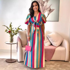 Stripe Print Tie Up Bow Maxi Dress GYLY-10517