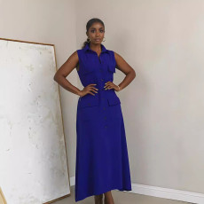 Sleeveless Solid Color Single-breasted Long Dress GYLY-10486