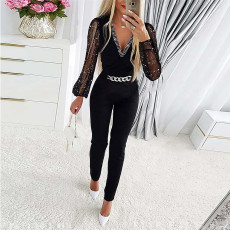 Solid Color V-neck Long Sleeve Rhinestone Jumpsuit GOSD-9473244