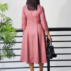 Solid Color Pleated 3/4 Sleeve Midi Dress GATE-D529