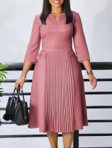 Solid Color Pleated 3/4 Sleeve Midi Dress GATE-D529