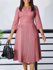 Solid Color Pleated 3/4 Sleeve Midi Dress GATE-D529