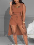 Solid Ribbed Tank Top+Sleeveless Cloak+Shorts 3 Piece Sets ZDF-31210