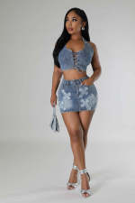 Cross Embroidery Casual Denim Two Piece Skirts Set LX-6021
