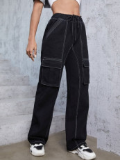 Pocket Drawstring Splicing Loose Wide Leg Jeans GZHY-70076