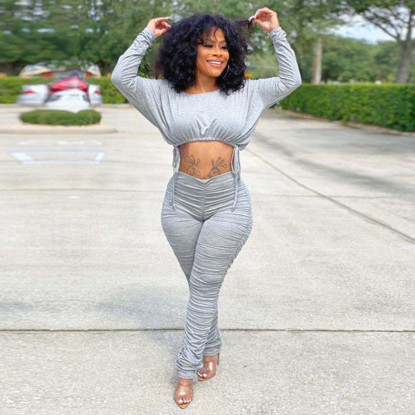 Fashion Long Sleeve Solid Color Two Piece Pants Set HNIF-9060