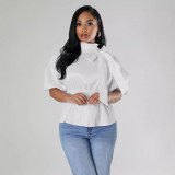 Casual Half Sleeve Solid Color Tie Shirt HNIF-2422
