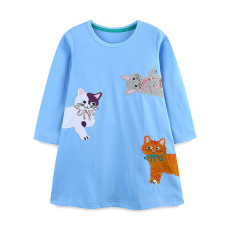 Kids Girl's Cat Applique Embroidery Casual Dress GASD-1527