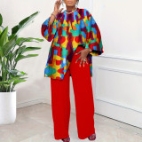 Plus Size Print Long Sleeve Loose Two Piece Pants Set NNWF-8036