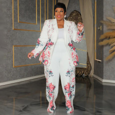 Plus Size Print Blazer Coat And Pants Loose 2 Piece Set NNWF-6068