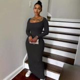 Square Neck Solid Color Slim Maxi Dress LSD-1813