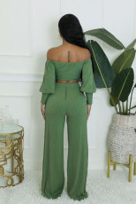 Solid Color Zipper Off Shoulder Two Piece Pants Set XHXF-8704