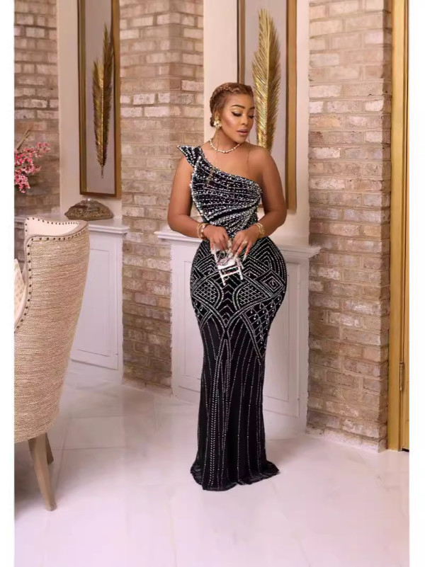 Solid Hot Drill Slash Neck Long Dress GADE-8397