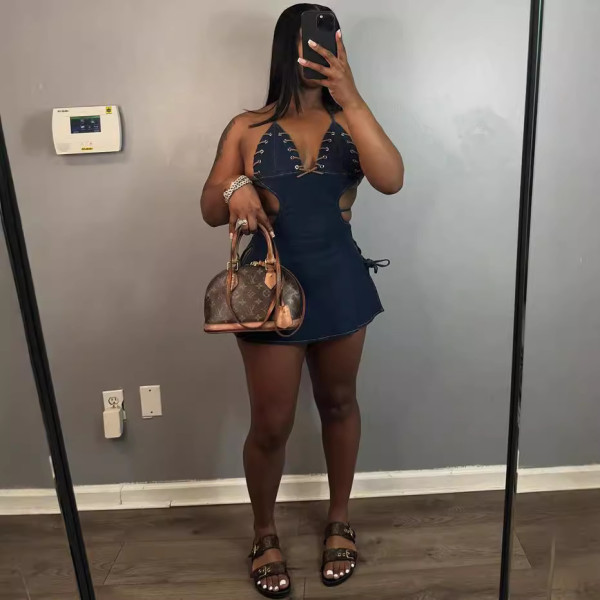 Sexy Backless Tie Up Split Denim Mini Dress GAKF-40912
