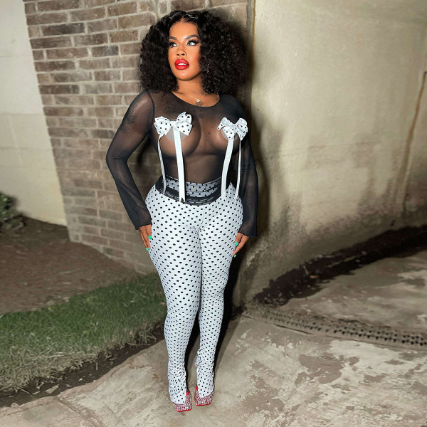Mesh Bow Spot Print Split Pants Two Piece Set YNSF-2655