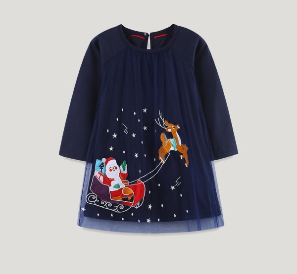 Christmas Kids Girls Cartoon Embroidered Mesh Dress GASD-1542