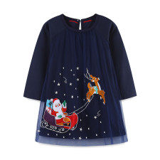 Christmas Kids Girls Cartoon Embroidered Mesh Dress GASD-1542