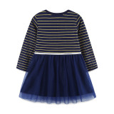 Kids Girls Cartoon Embroidered Striped Princess Dress GASD-1554