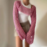 Hollow Out Solid Color Long Sleeve Knit Smock GBLH-94251#