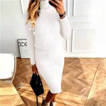 Plus Size High Neck Knits Pullover Sweater Two Piece Skirts Set GBLH-825#