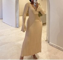Long Sleeve V Neck Knits Maxi Dress GBLH-9516#
