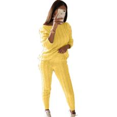 Plus Size Solid Long Sleeve Sweater Two Piece Pants Set GBLH-1118#