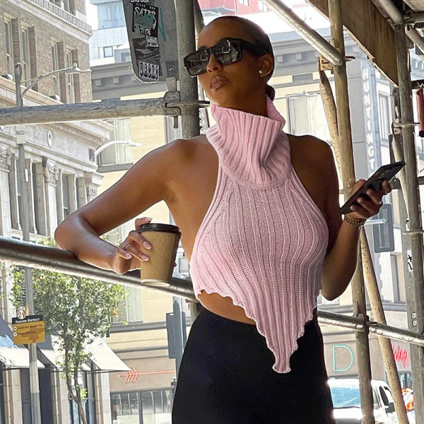 High Neck Irregular Backless Sweater Vest GBLH-9805#