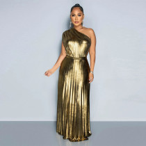 Fashion Slant Neck Sleeveless Slim Pleated Dress YF-10693