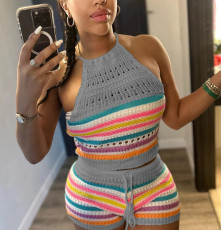 Sexy Backless Halter Tight Knits Shorts Suit GBLH-98156#