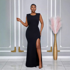 Solid Color Backless Split Maxi Dress NY-3278